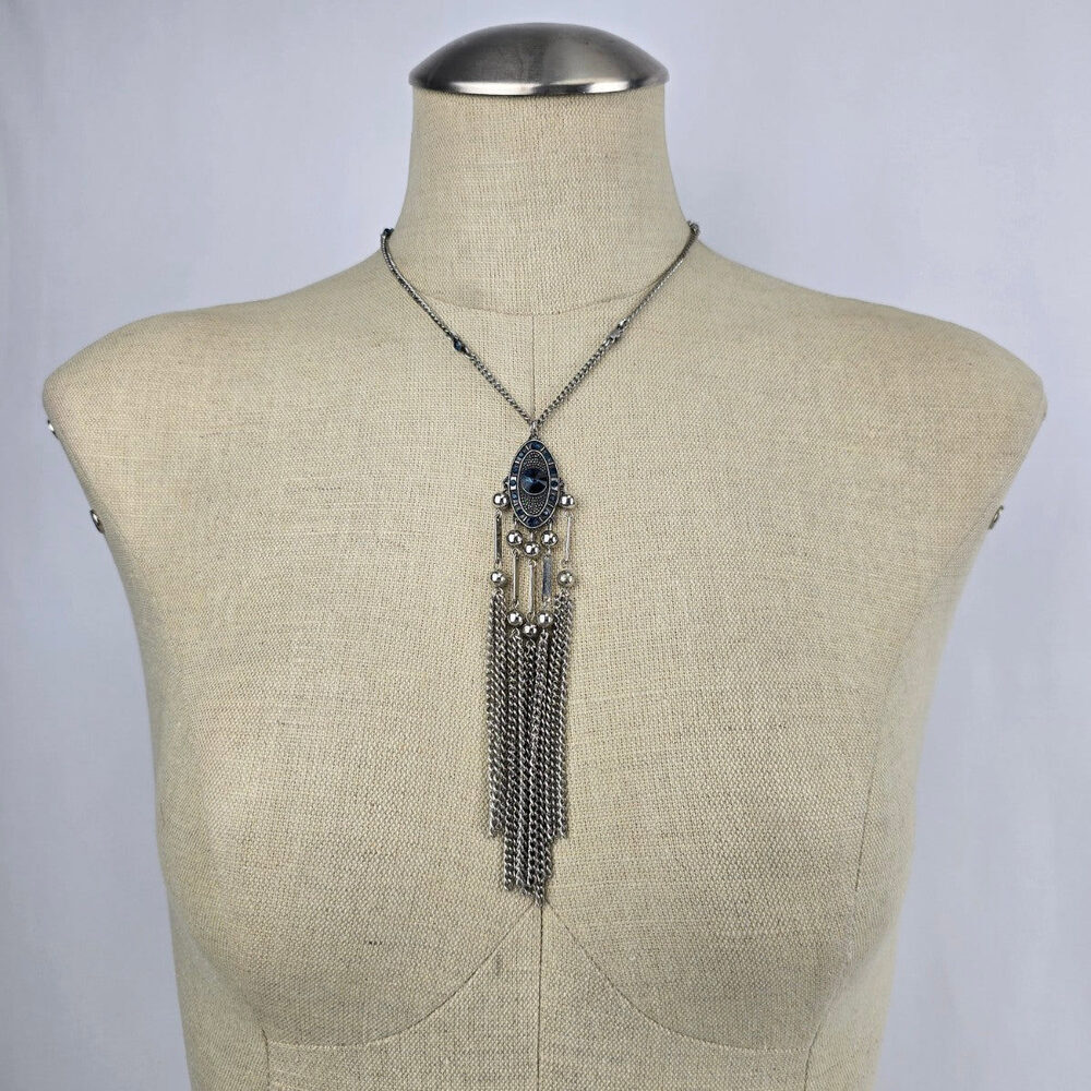 Silver & Blue Rhinestone Fringe Necklace